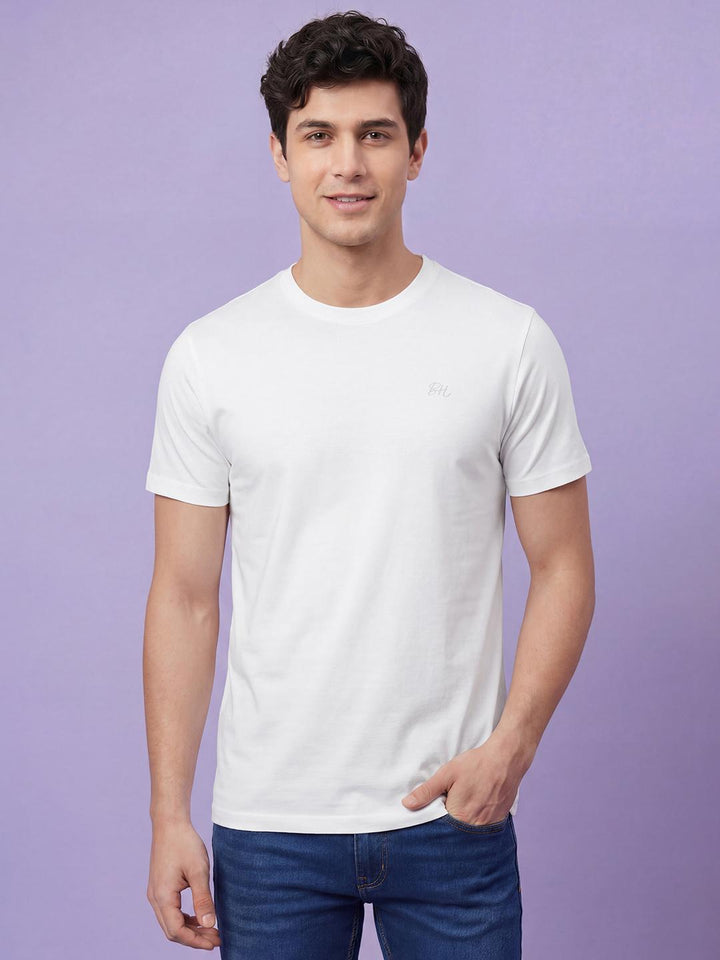 White Solid Half Sleeve Crew Neck Men's T-shirt