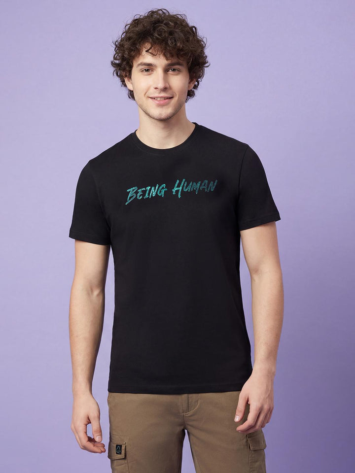 Black Typographic Half Sleeve Crew Neck Men's T-shirt