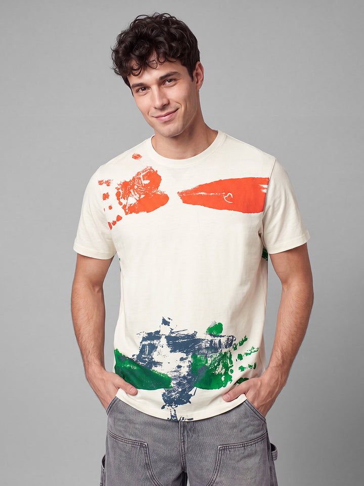 Off White Moderno Fit Abstract Half Sleeve Crew Neck Men's T-shirt by Being Human Clothing