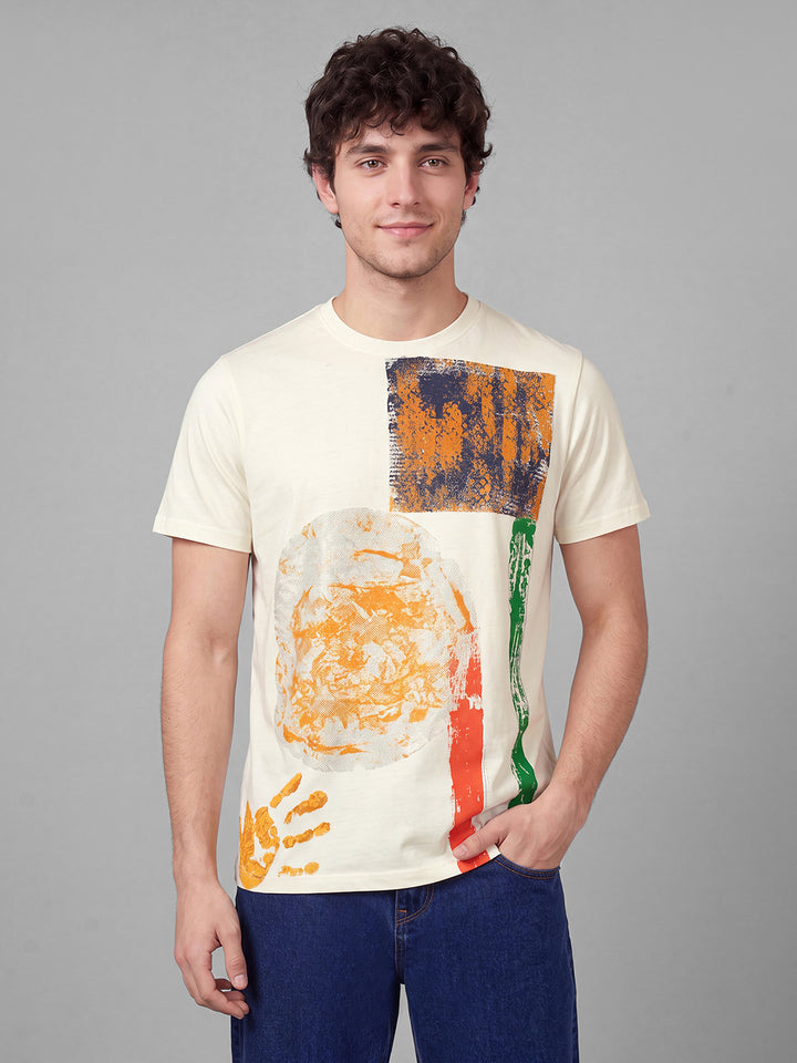 Off White Moderno Fit Graphic Print Half Sleeve Crew Neck Men's T-shirt by Being Human Clothing