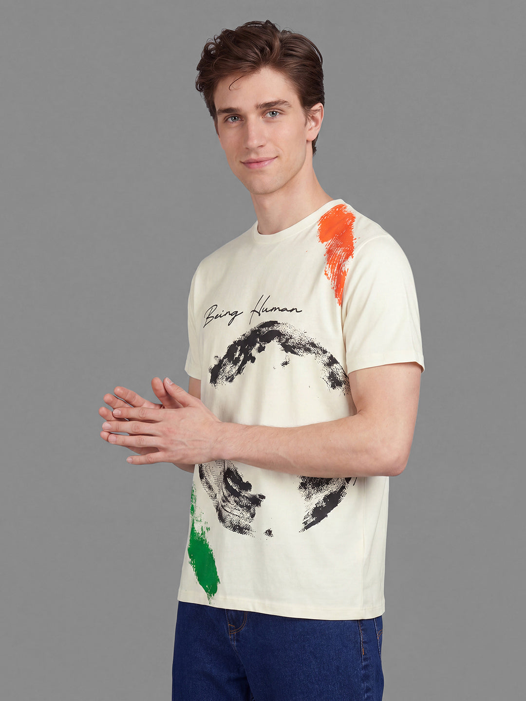 Off White Moderno Fit Graphic Print Half Sleeve Crew Neck Men's T-shirt by Being Human Clothing
