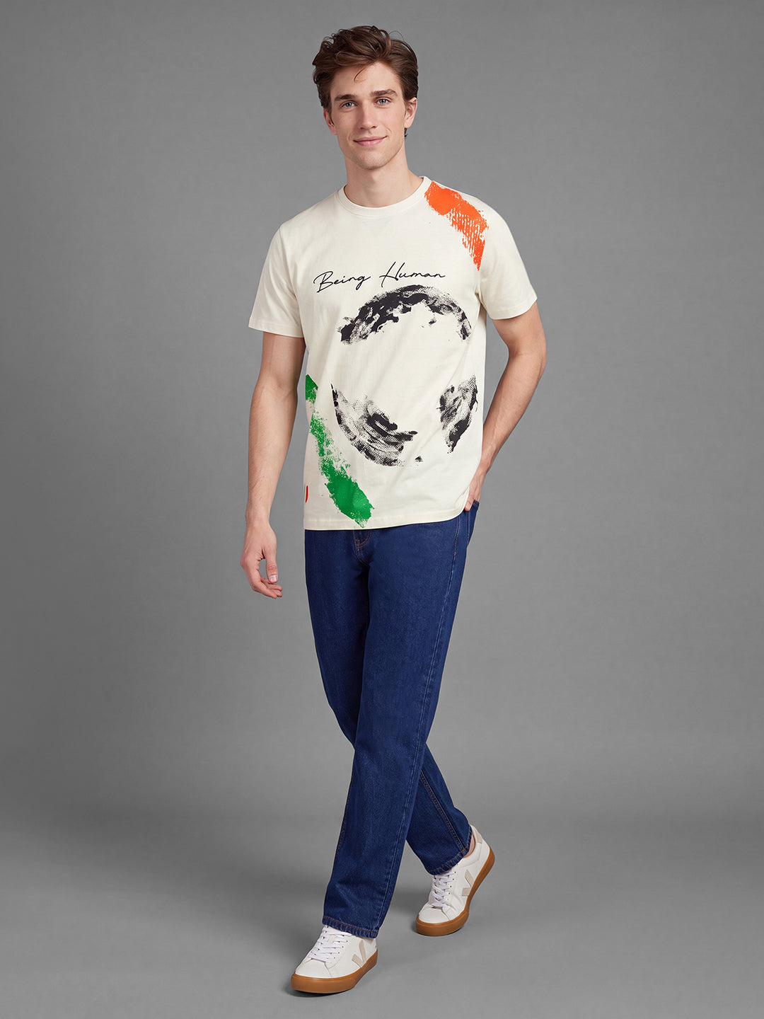 Off White Moderno Fit Graphic Print Half Sleeve Crew Neck Men's T-shirt by Being Human Clothing