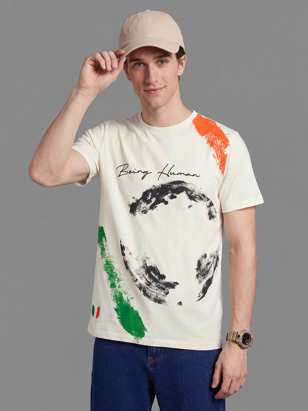 Off White Moderno Fit Graphic Print Half Sleeve Crew Neck Men's T-shirt by Being Human Clothing