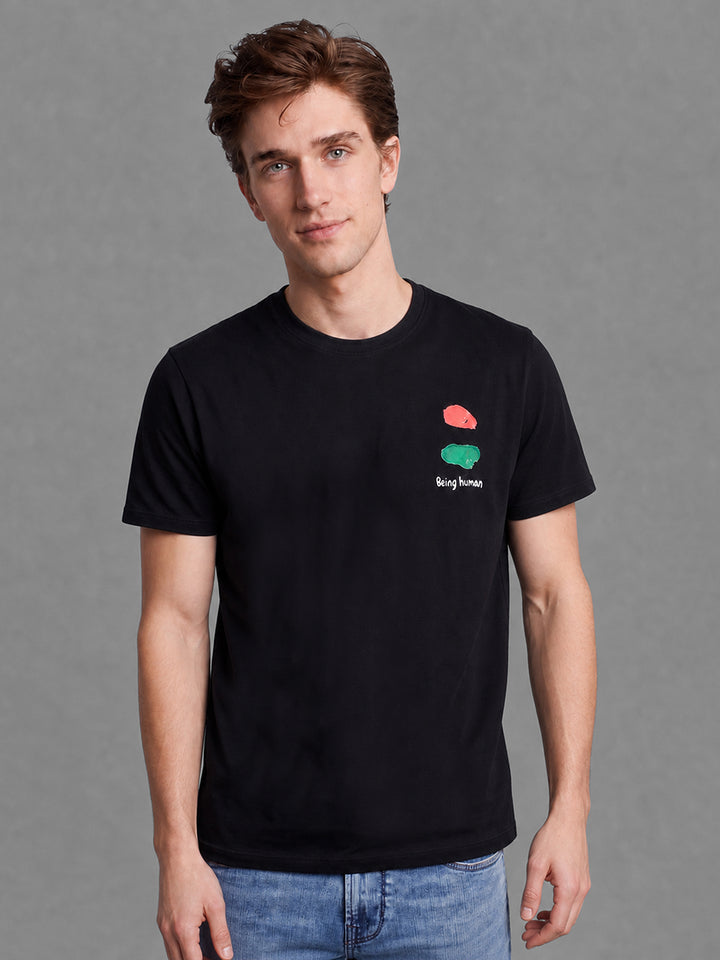 Black Moderno Fit Embroidered Short Sleeves Crew Neck Men's T-shirt by Being Human Clothing