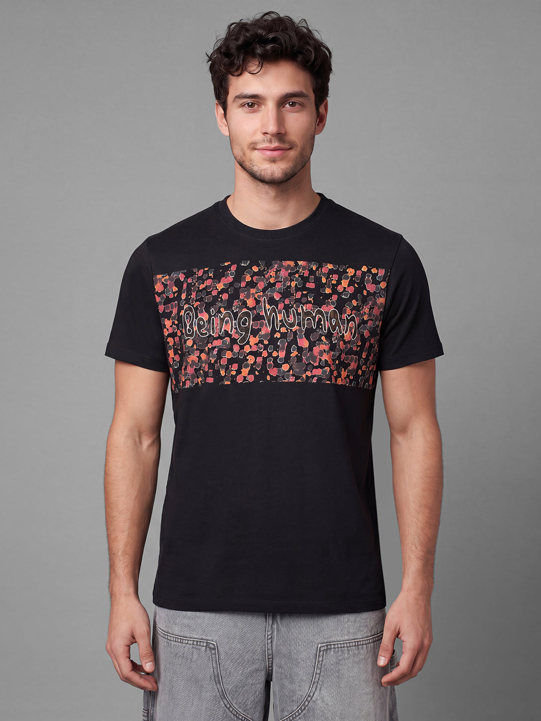 Black Moderno Fit Graphic Print Short Sleeves Crew Neck Men's T-shirt by Being Human Clothing