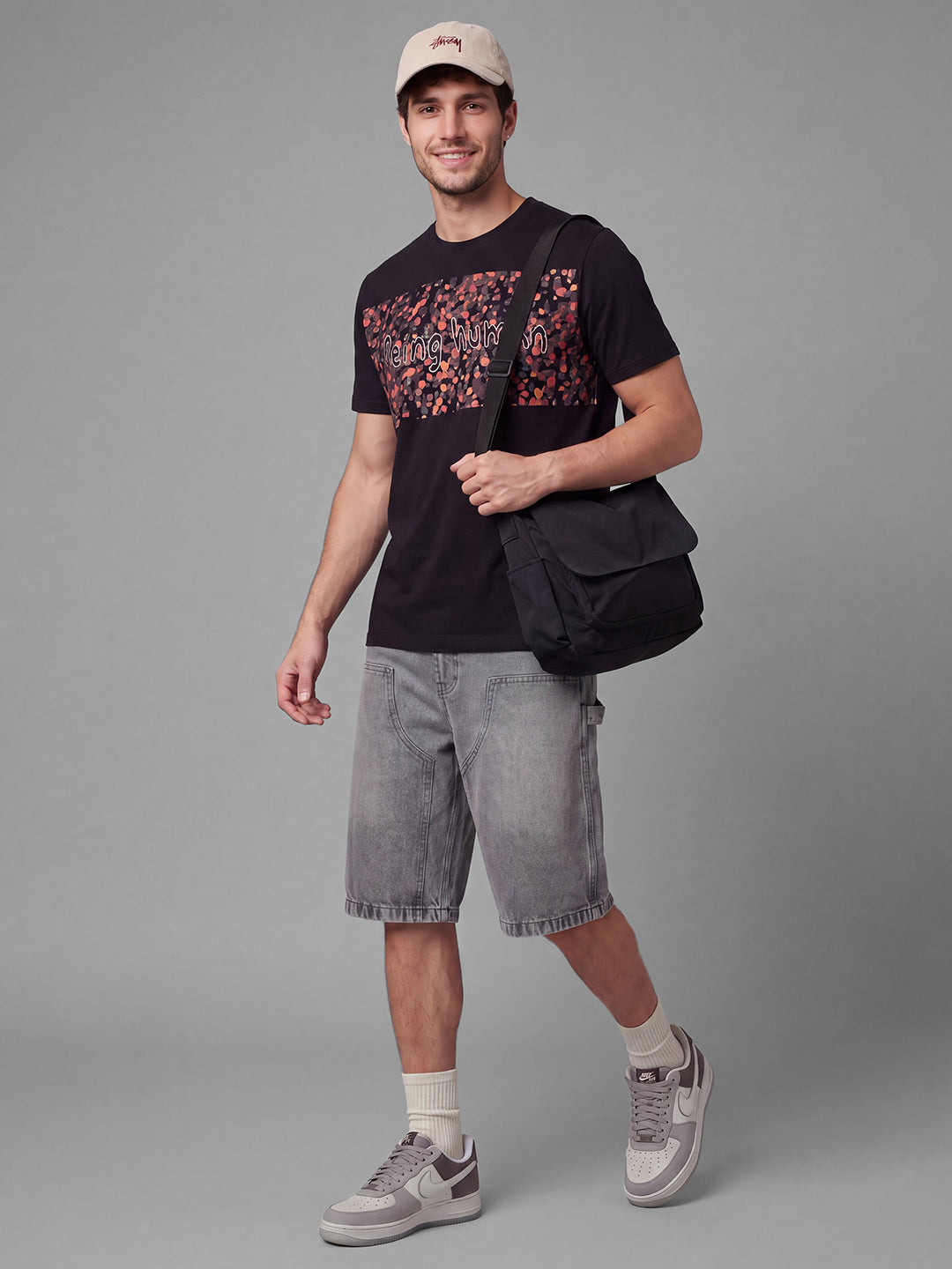 Black Moderno Fit Graphic Print Short Sleeves Crew Neck Men's T-shirt by Being Human Clothing