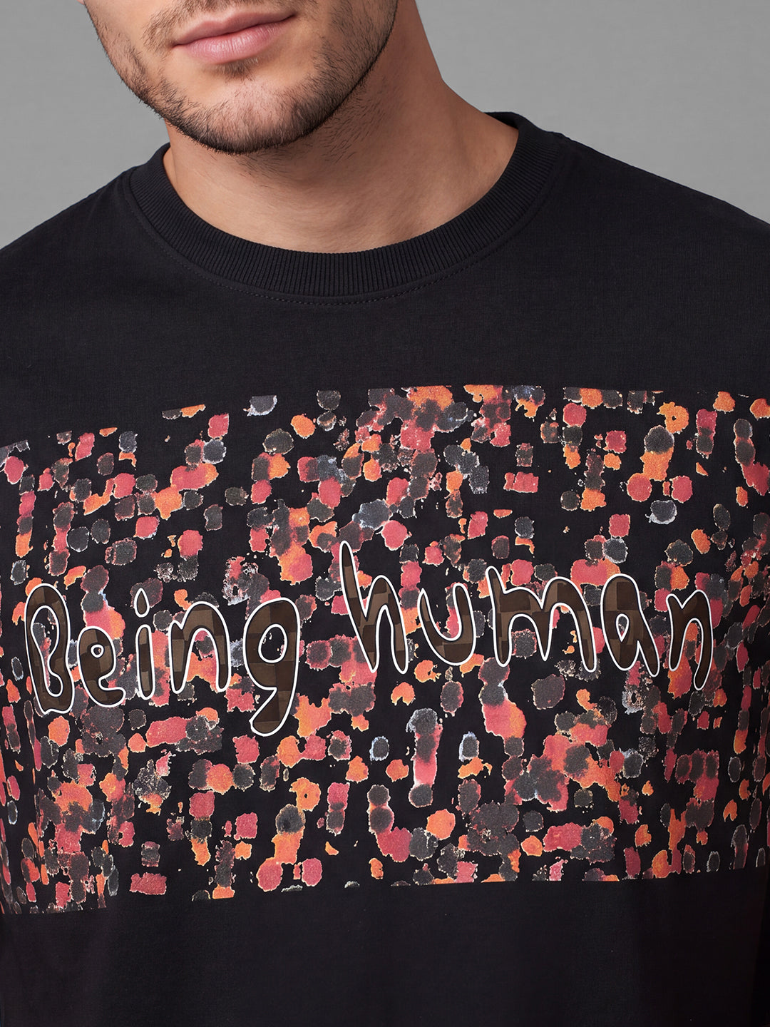 Black Moderno Fit Graphic Print Short Sleeves Crew Neck Men's T-shirt by Being Human Clothing