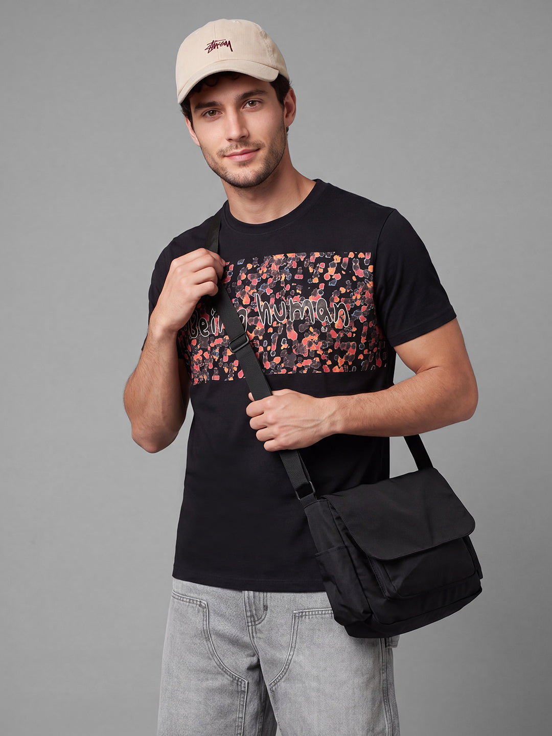 Black Moderno Fit Graphic Print Short Sleeves Crew Neck Men's T-shirt by Being Human Clothing