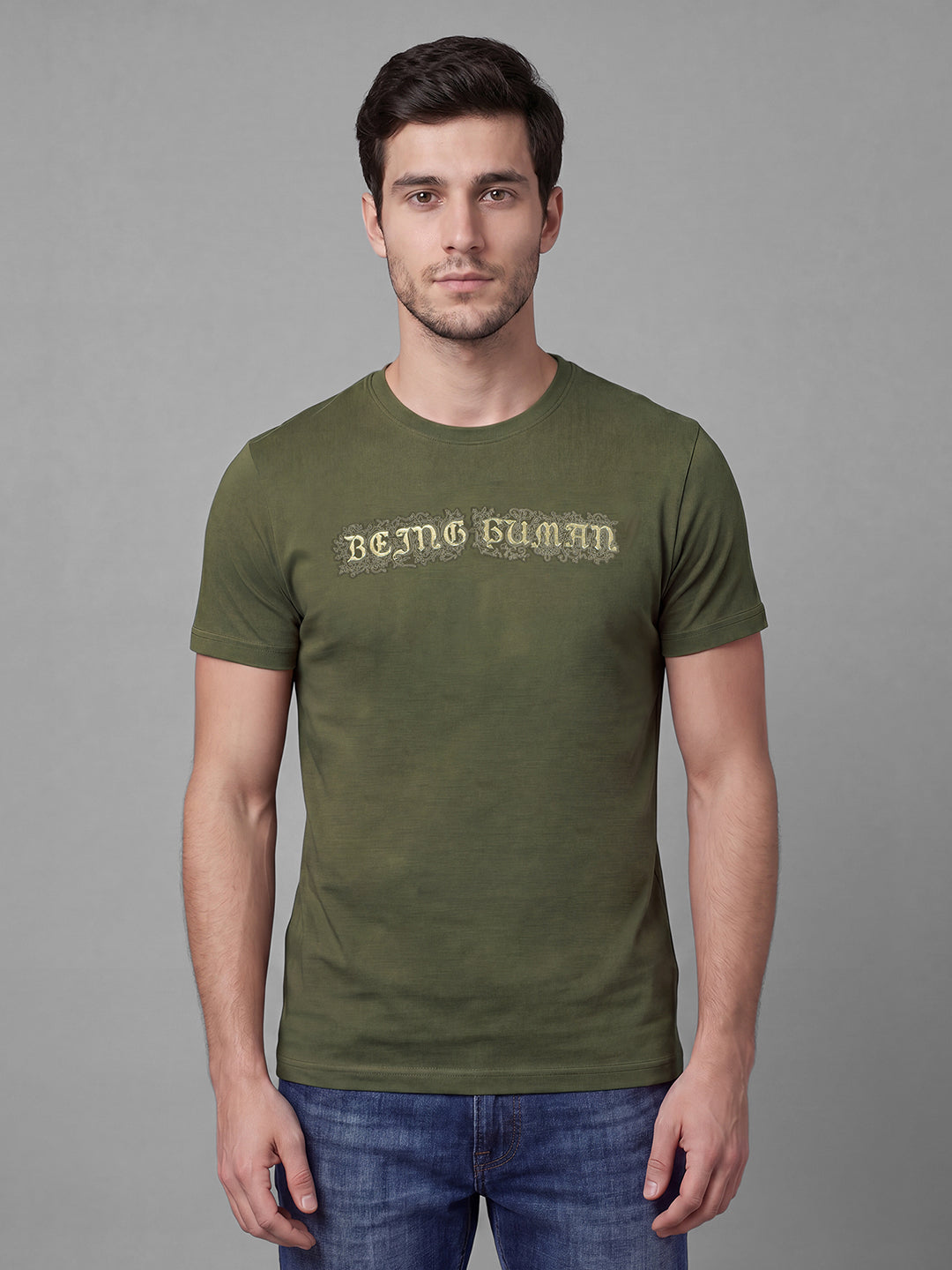 Olive Moderno Fit Typography Short Sleeves Crew Neck Men's T-shirt by Being Human Clothing