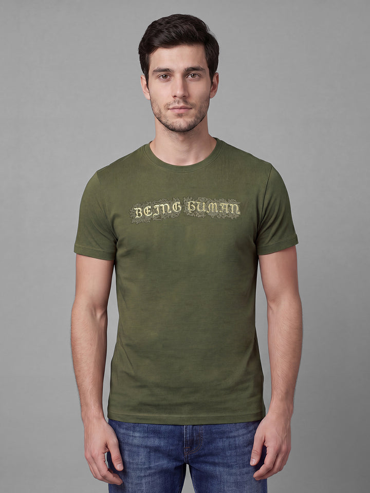 Olive Moderno Fit Typography Short Sleeves Crew Neck Men's T-shirt by Being Human Clothing