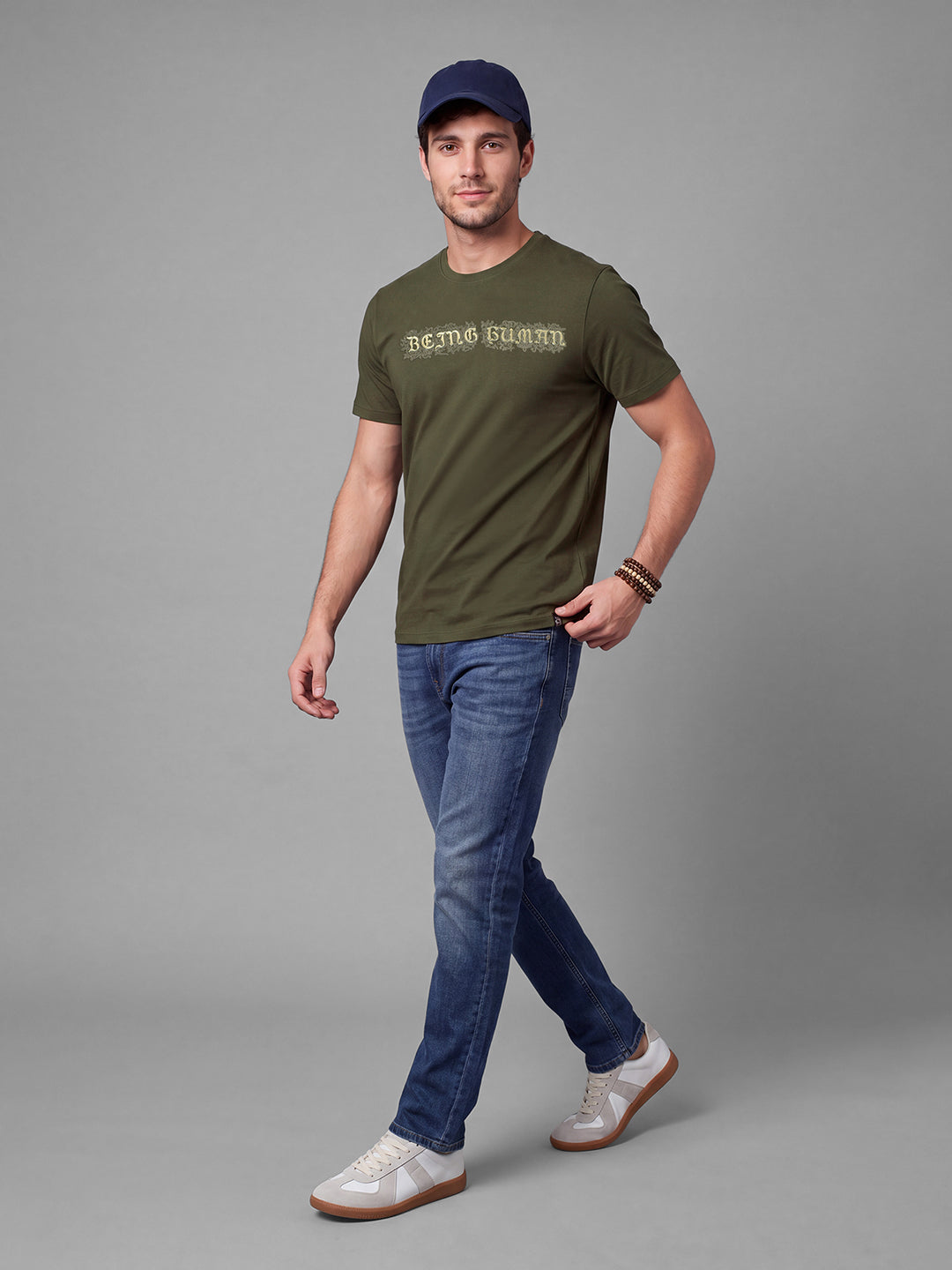 Olive Moderno Fit Typography Short Sleeves Crew Neck Men's T-shirt by Being Human Clothing