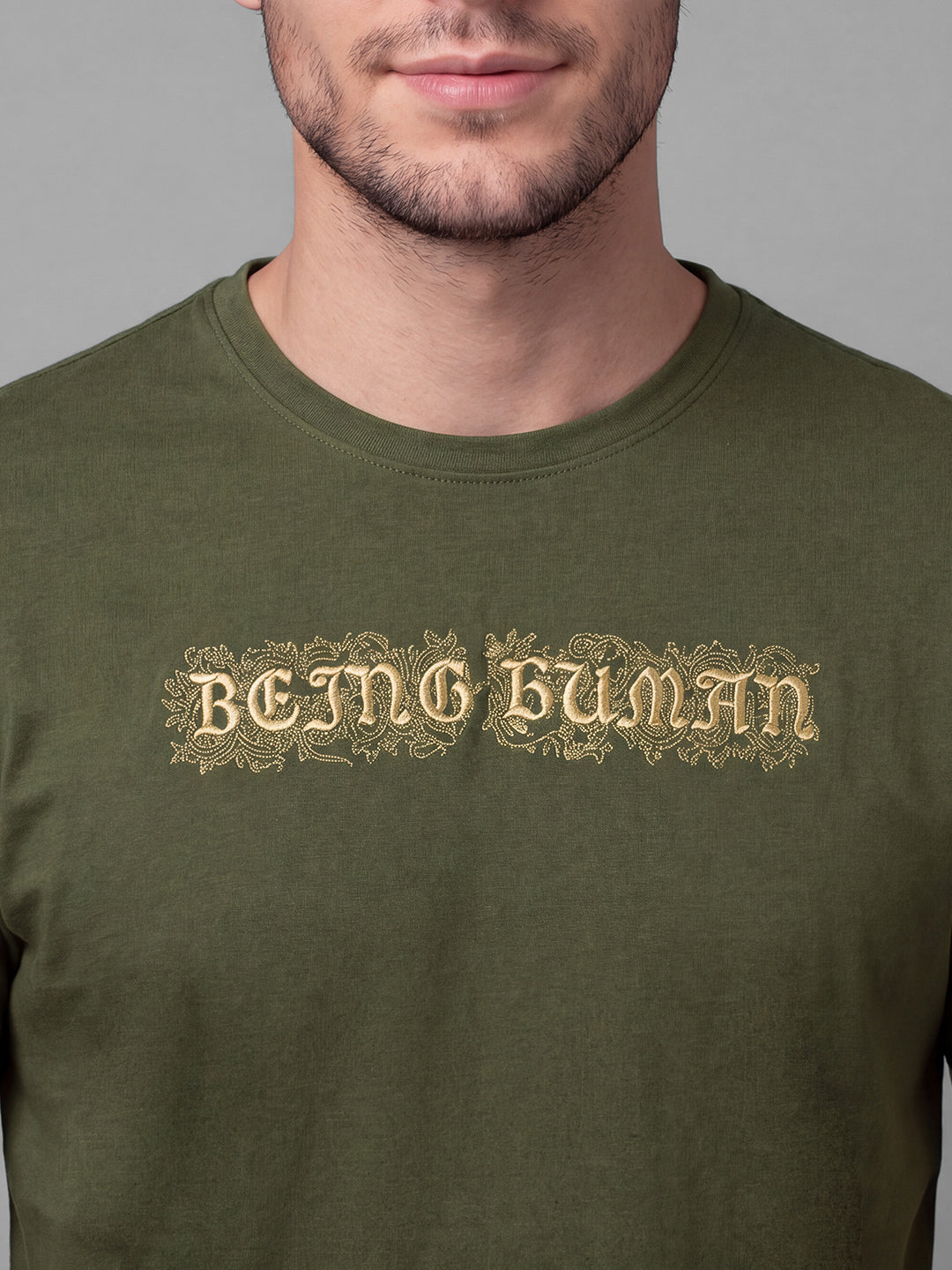 Olive Moderno Fit Typography Short Sleeves Crew Neck Men's T-shirt by Being Human Clothing