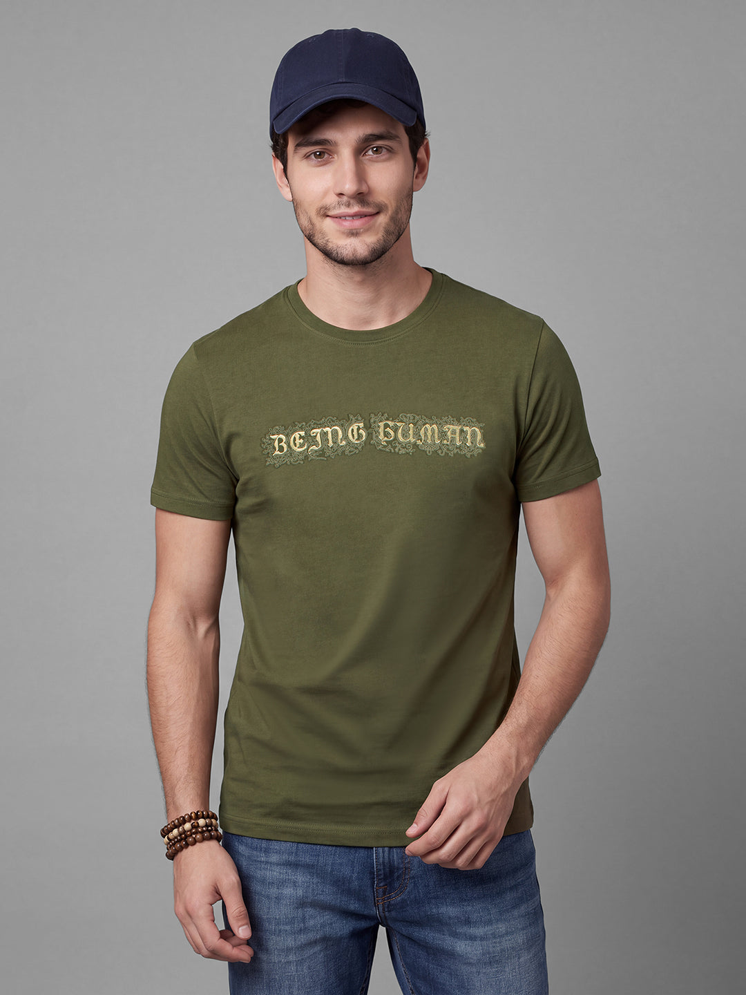 Olive Moderno Fit Typography Short Sleeves Crew Neck Men's T-shirt by Being Human Clothing