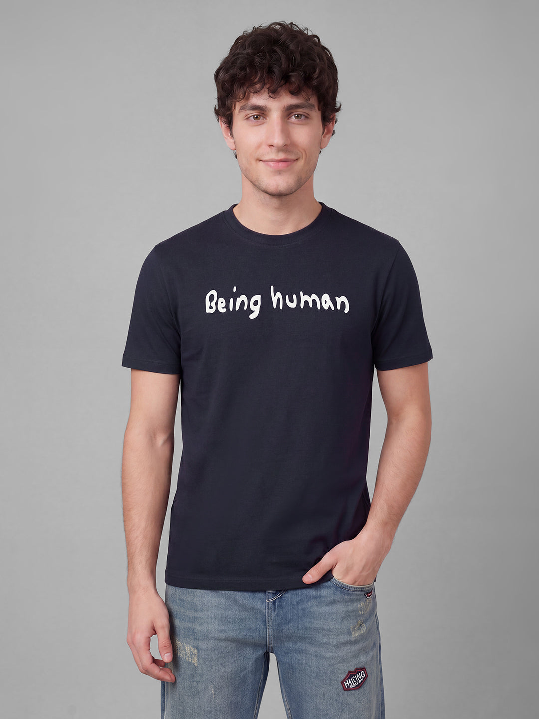 Navy Easy Fit Typography Short Sleeves Crew Neck Men's T-shirt by Being Human Clothing