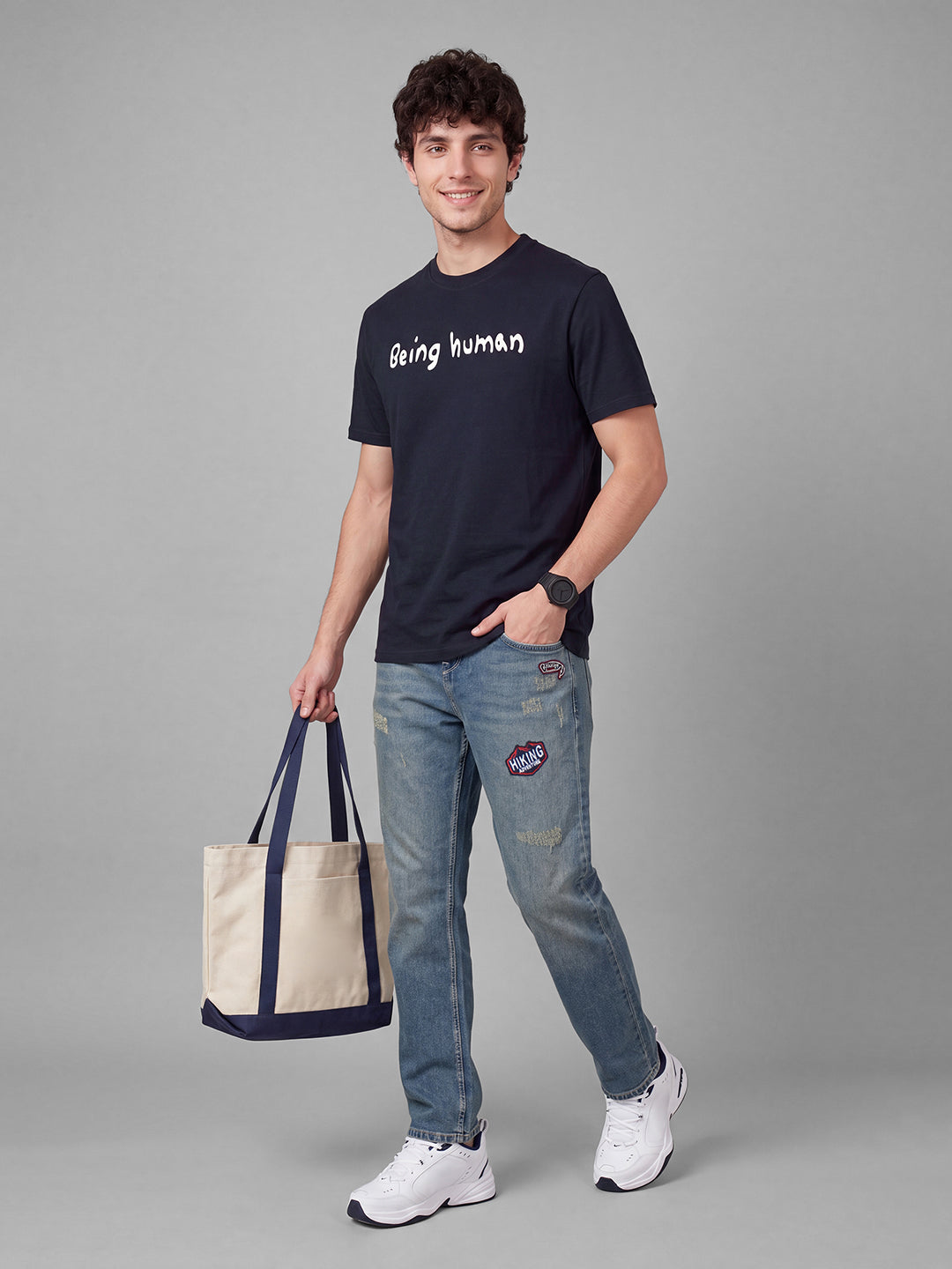 Navy Easy Fit Typography Short Sleeves Crew Neck Men's T-shirt by Being Human Clothing