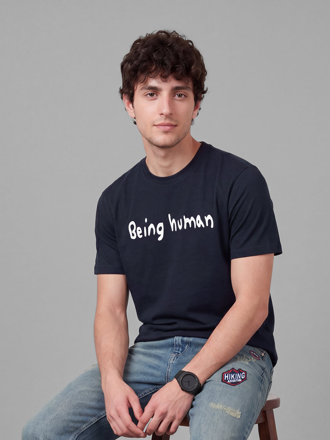 Navy Easy Fit Typography Short Sleeves Crew Neck Men's T-shirt by Being Human Clothing