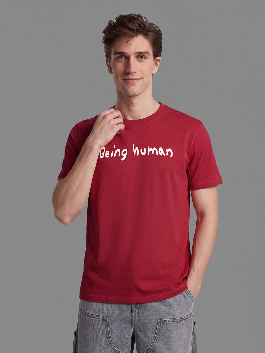 Red Easy Fit Typography Short Sleeves Crew Neck Men's T-shirt by Being Human Clothing
