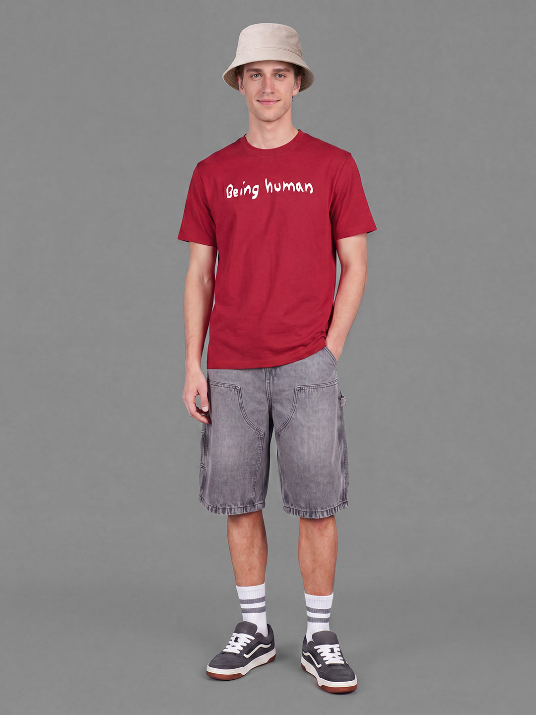 Red Easy Fit Typography Short Sleeves Crew Neck Men's T-shirt by Being Human Clothing