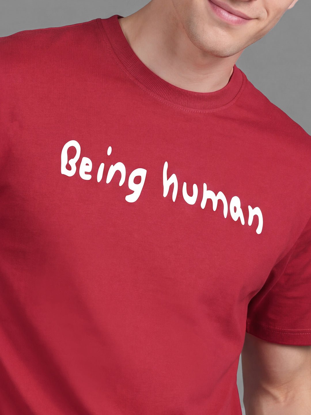 Red Easy Fit Typography Short Sleeves Crew Neck Men's T-shirt by Being Human Clothing