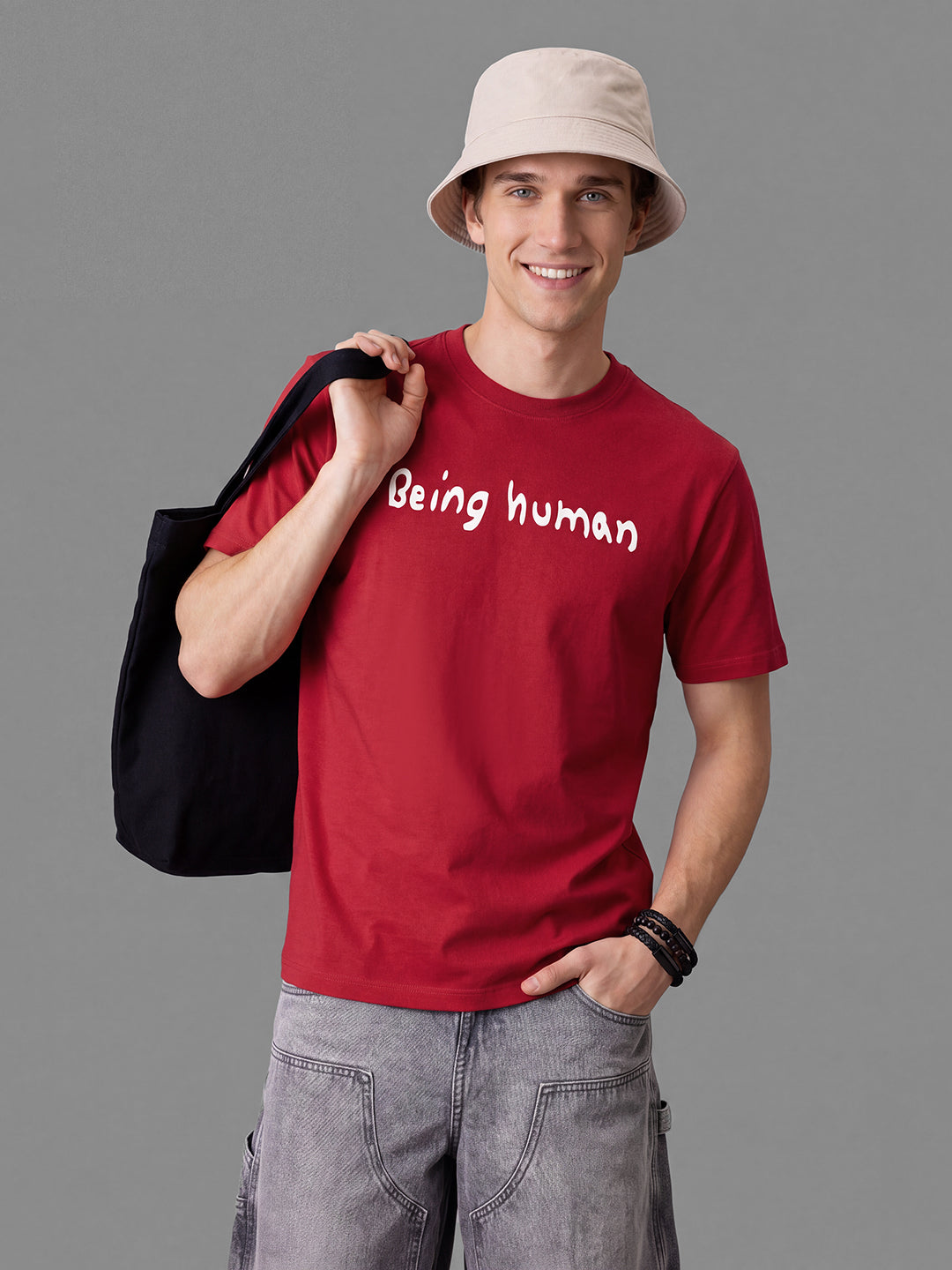 Red Easy Fit Typography Short Sleeves Crew Neck Men's T-shirt by Being Human Clothing