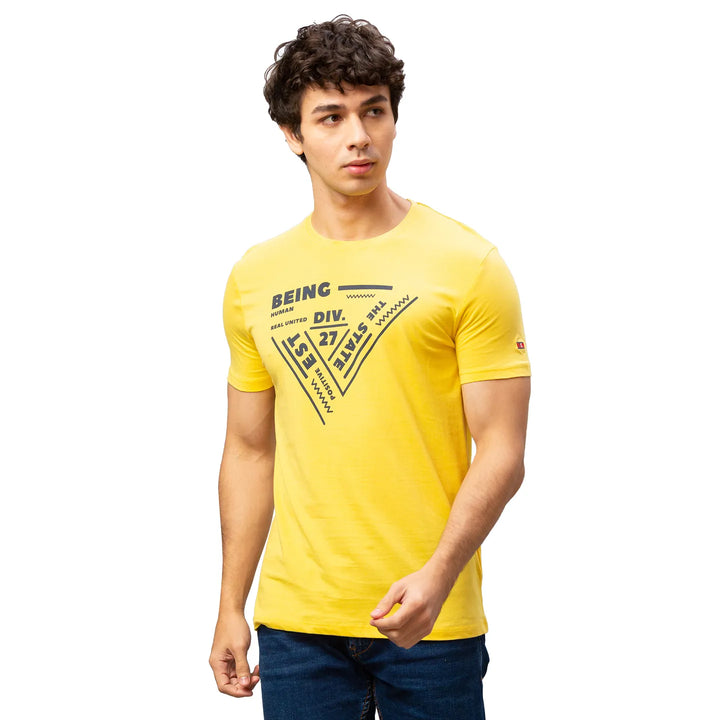 Yellow Printed Regular Fit Men's Short Sleeves T-Shirt by Being Human Clothing