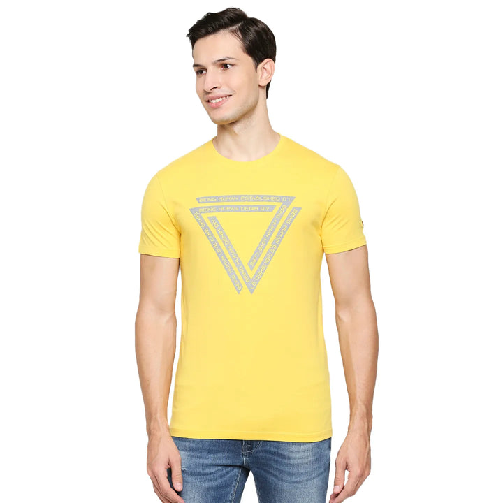 Yellow Triangular Design Regular Fit Men's T-Shirt by Being Human Clothing