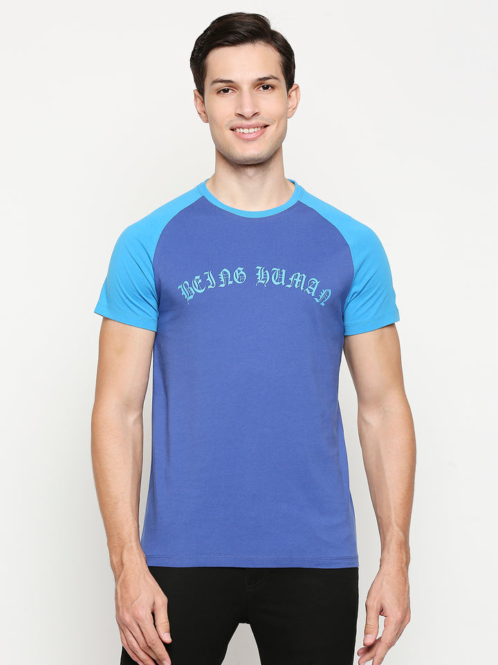 Colorblocked sleeves Blue Round Neck Men's T-shirt