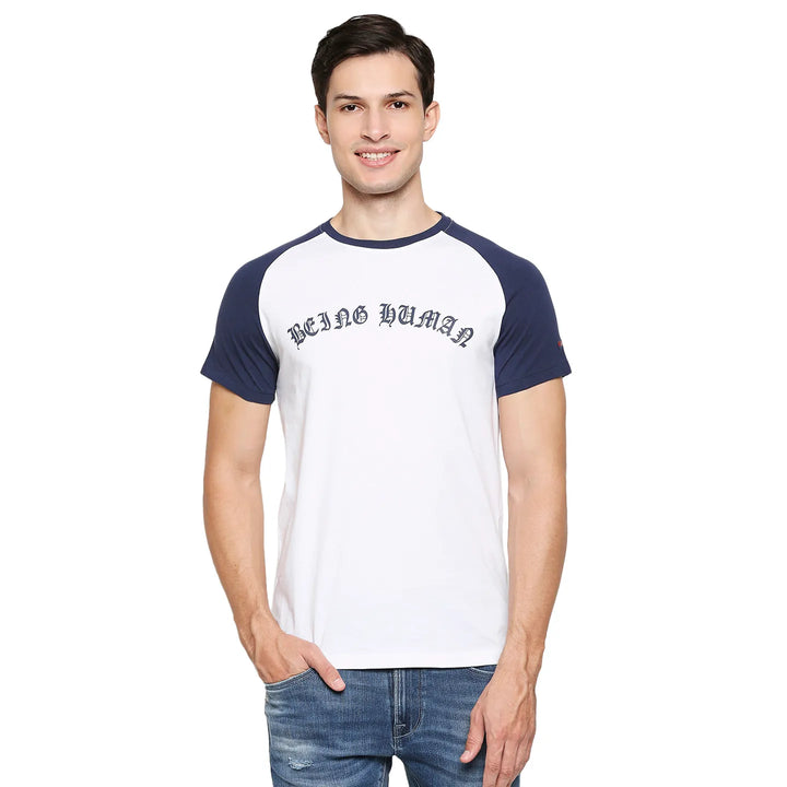 White & Blue Regular Fit Men's Short Sleeves T-Shirt by Being Human Clothing