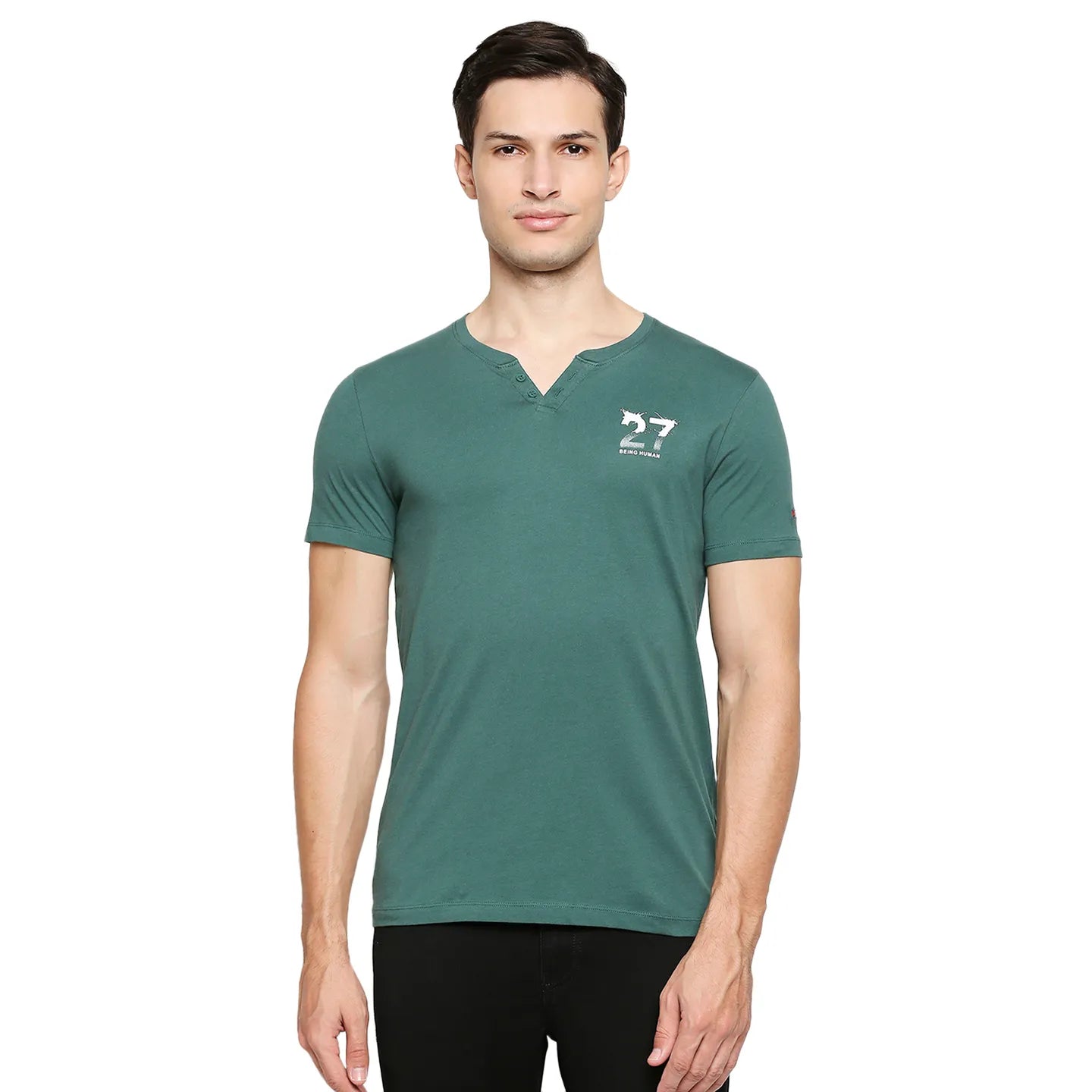 Bottle Green Regular Fit Henley Neck Men's T-Shirt by Being Human Clothing