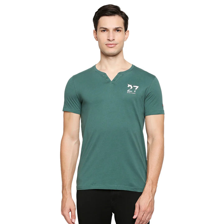 Green Regular Fit Henley Neck Men's T-Shirt by Being Human Clothing