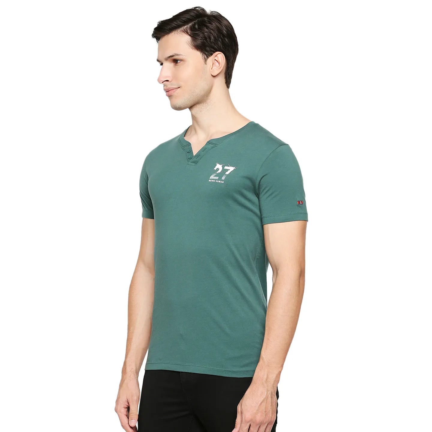 Bottle Green Regular Fit Henley Neck Men's T-Shirt by Being Human Clothing