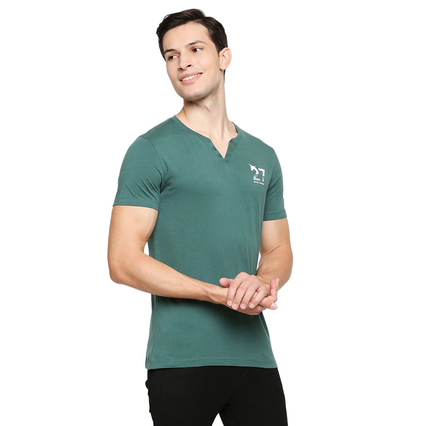 Bottle Green Regular Fit Henley Neck Men's T-Shirt by Being Human Clothing