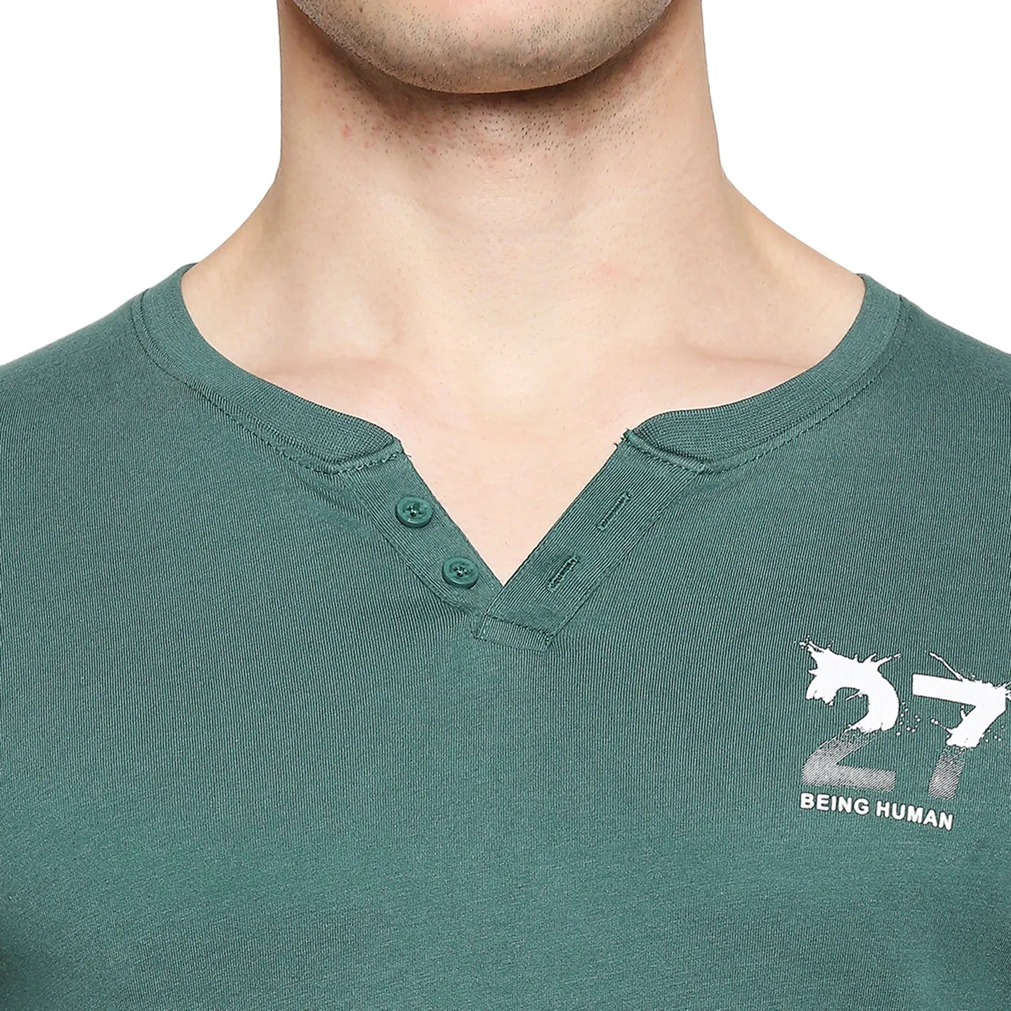 Bottle Green Regular Fit Henley Neck Men's T-Shirt by Being Human Clothing