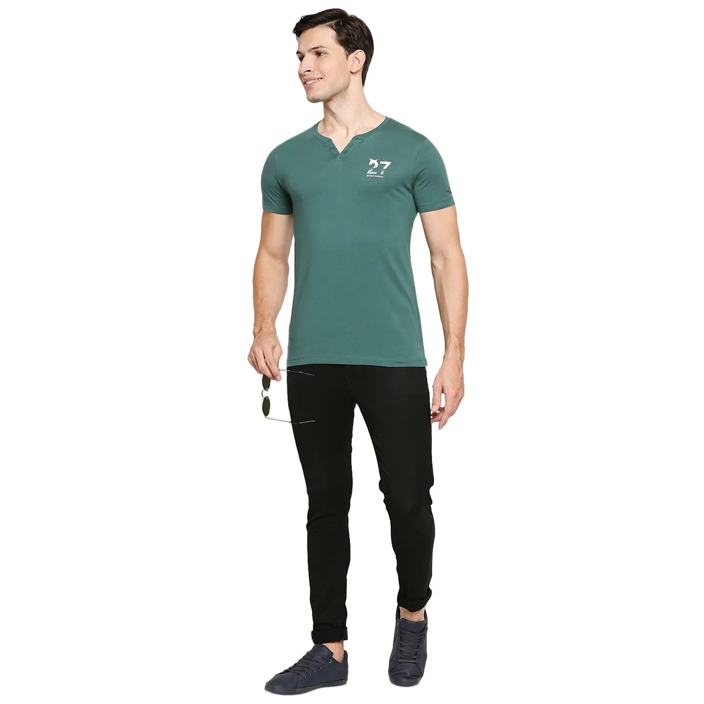 Bottle Green Regular Fit Henley Neck Men's T-Shirt by Being Human Clothing