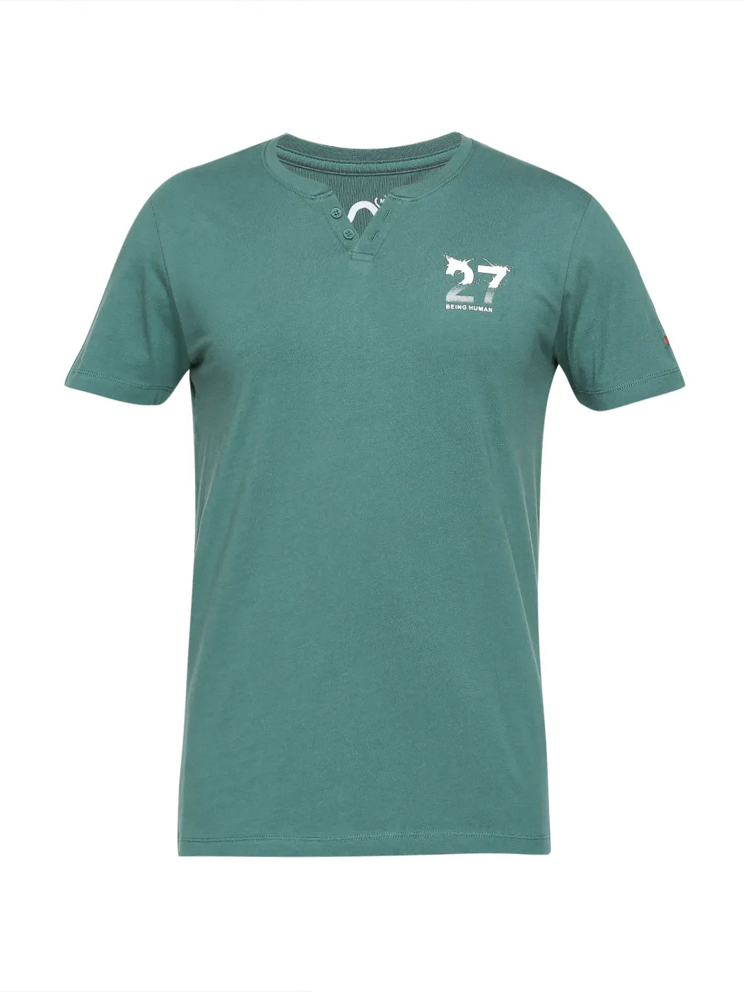 Bottle Green Regular Fit Henley Neck Men's T-Shirt by Being Human Clothing
