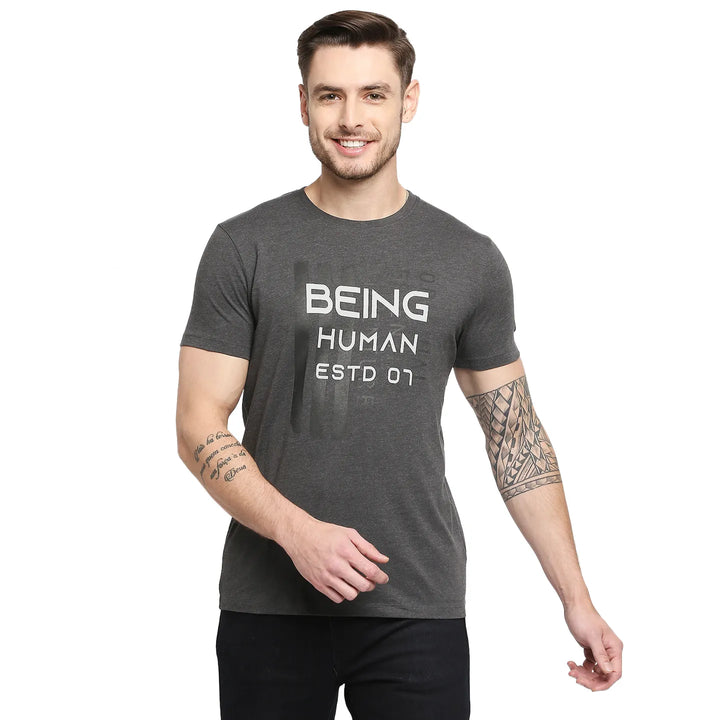 Grey Regular Fit Men's Short Sleeves T-Shirt by Being Human Clothing