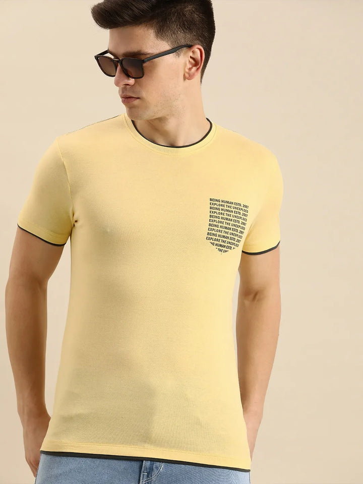 Yellow Regular Fit Men's T-Shirt with contrast chest detailing by Being Human Clothing