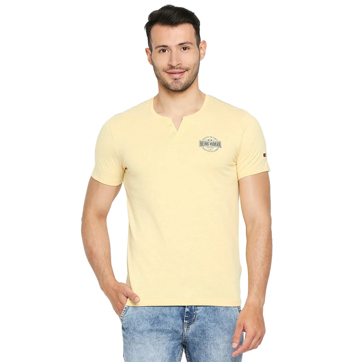 Yellow Regular Fit Men's Henley Neck T-Shirt by Being Human Clothing
