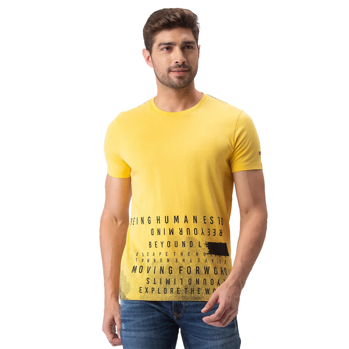 Yellow Alphabetical Graphic Regular Fit Men's T-Shirt by Being Human Clothing