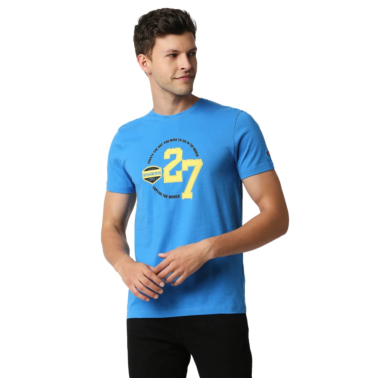Blue Regular Fit Round Neck Men's T-Shirt by Being Human Clothing