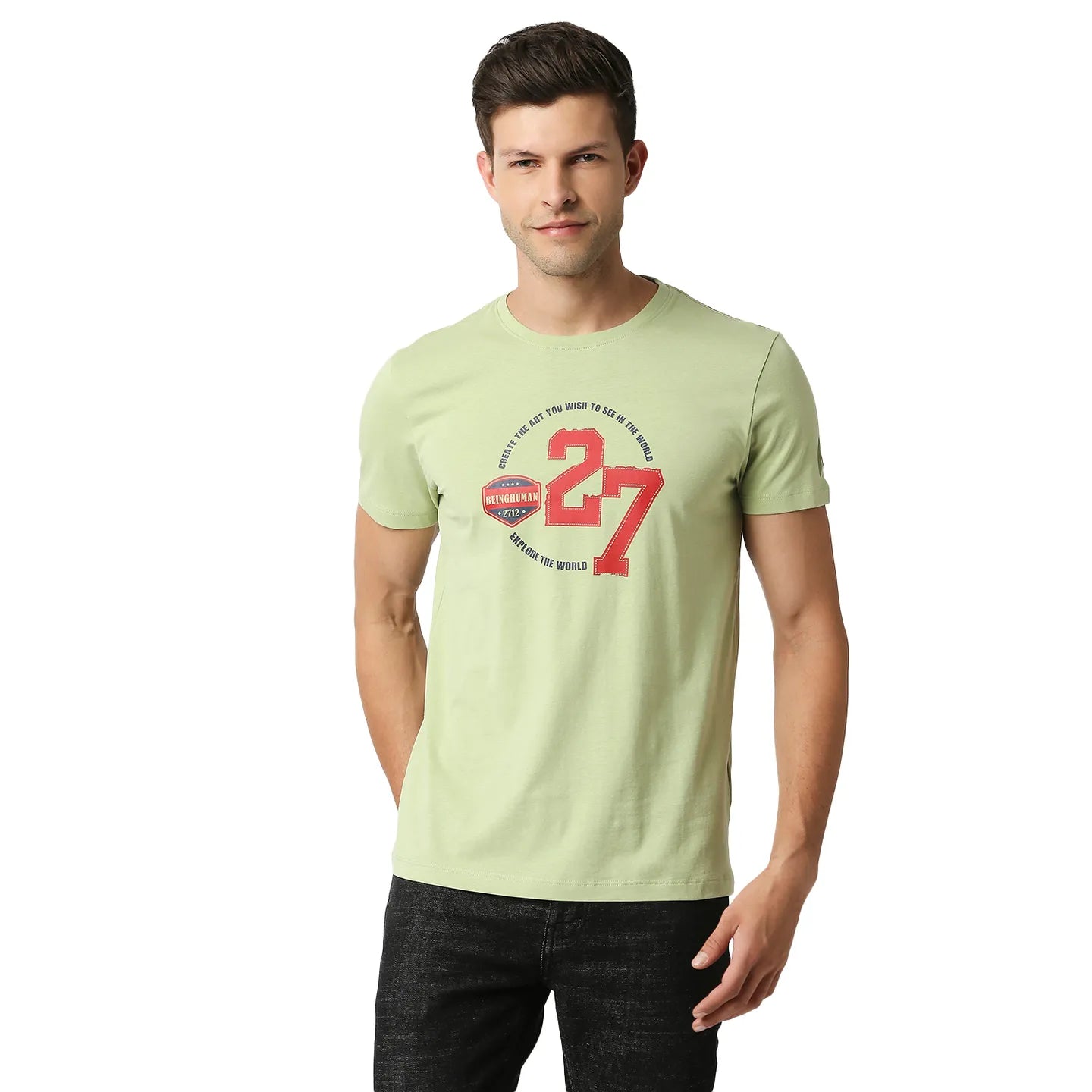 Light Olive Regular Fit Round Neck Men's T-Shirt by Being Human Clothing