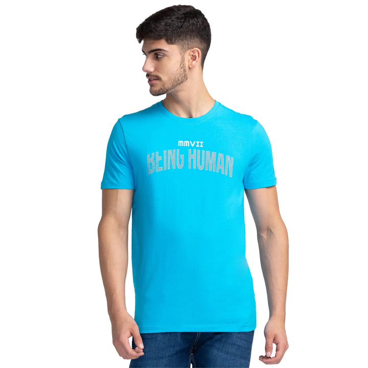 Vivid Blue Regular Fit Round Neck Men's T-Shirt by Being Human Clothing