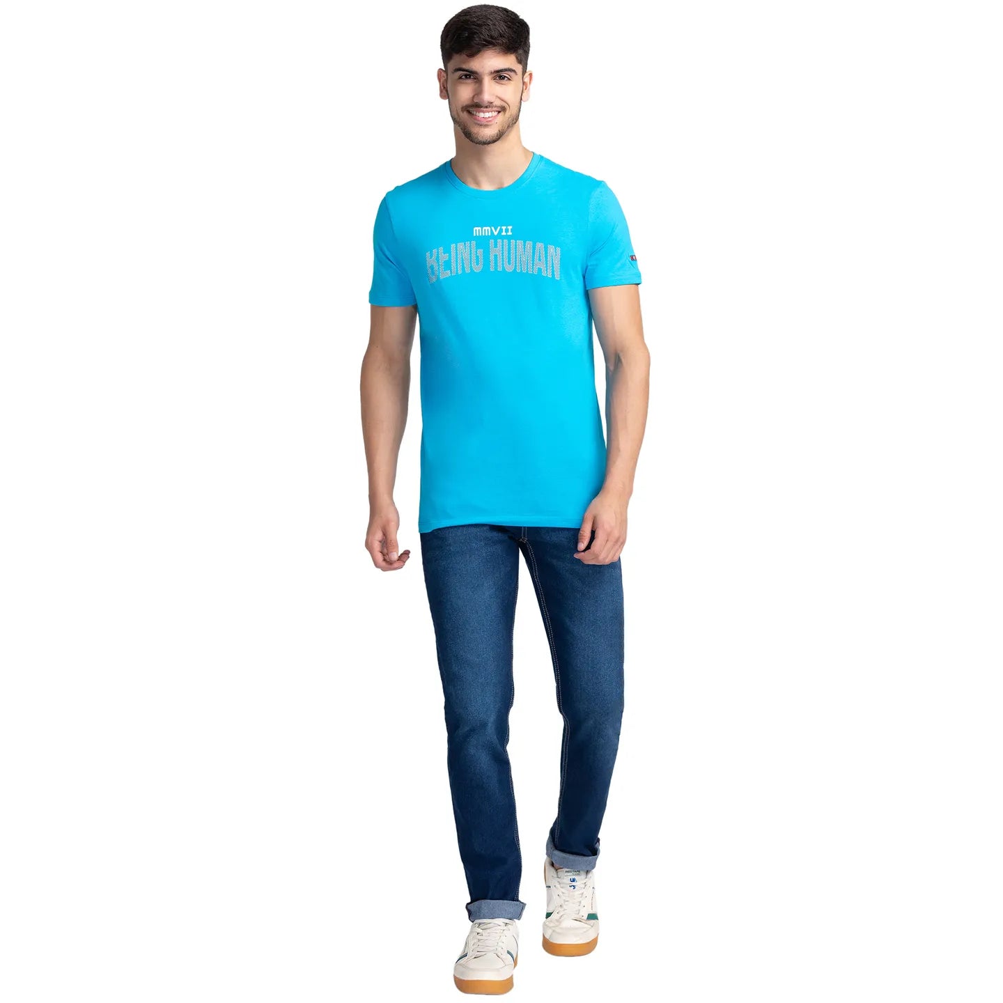 Vivid Blue Regular Fit Round Neck Men's T-Shirt by Being Human Clothing