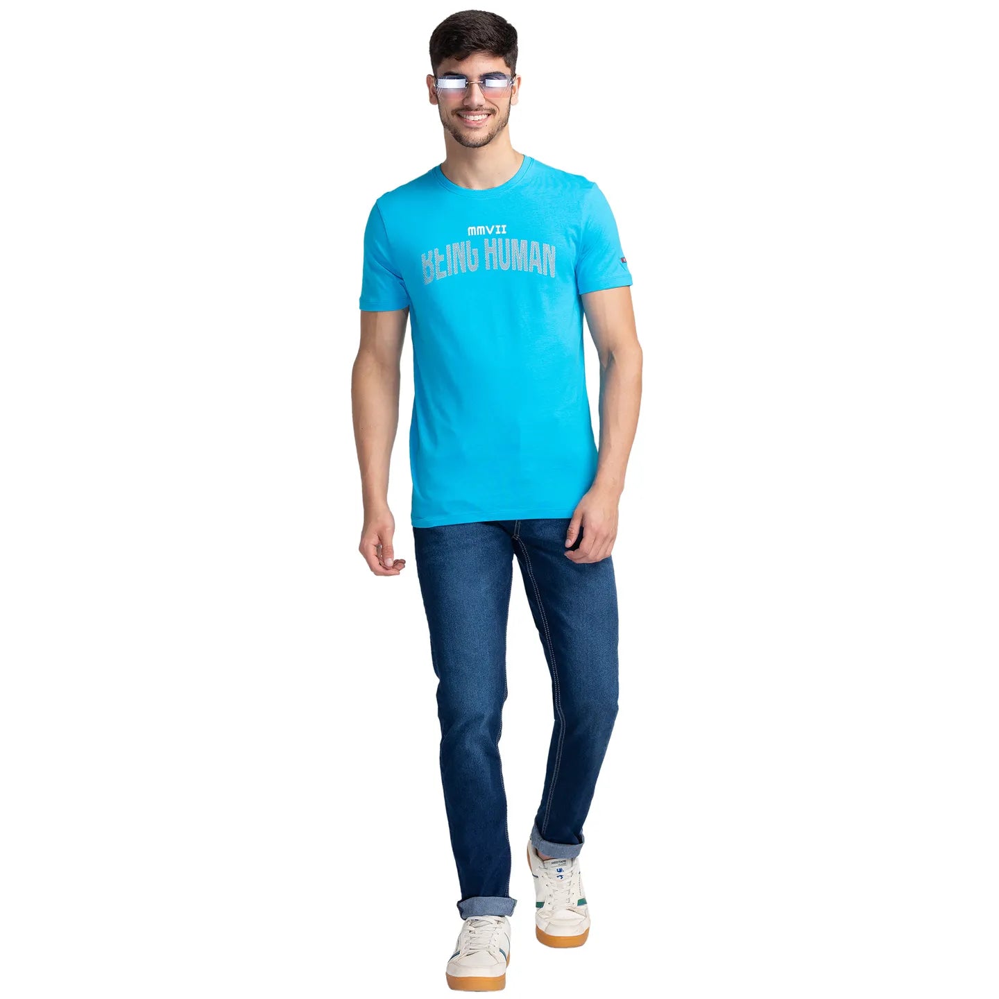 Vivid Blue Regular Fit Round Neck Men's T-Shirt by Being Human Clothing