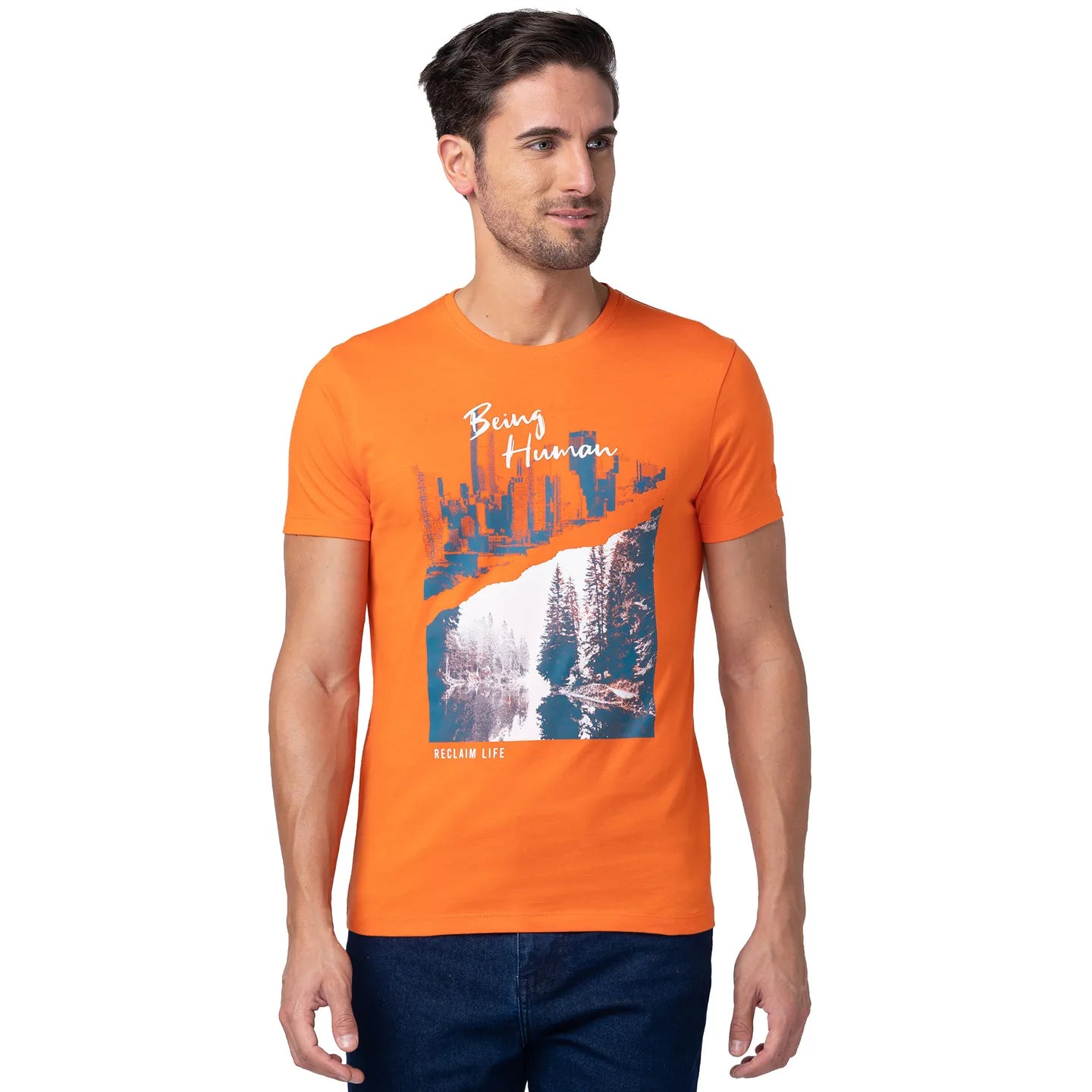 Red Orange Regular Fit Round Neck Men's T-Shirt by Being Human Clothing