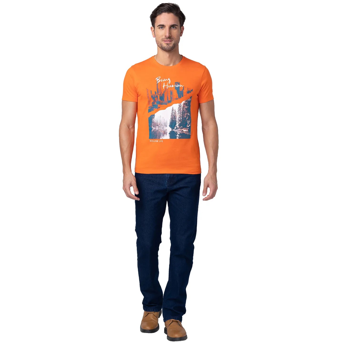 Red Orange Regular Fit Round Neck Men's T-Shirt by Being Human Clothing