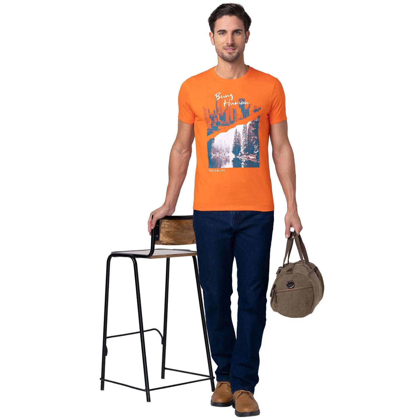 Red Orange Regular Fit Round Neck Men's T-Shirt by Being Human Clothing