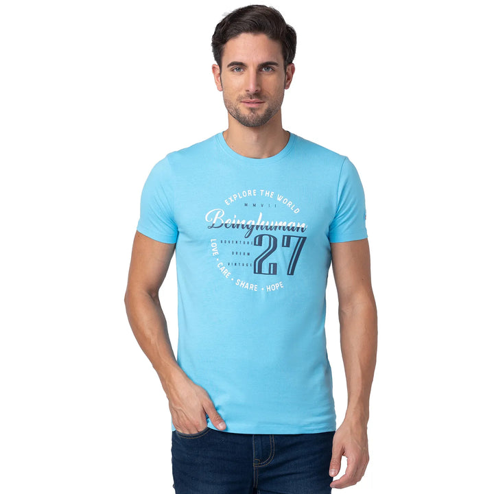 Splash Blue Regular Fit Round Neck Men's T-Shirt by Being Human Clothing