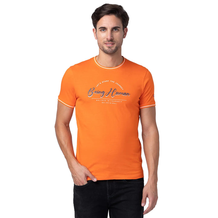 Red Orange Regular Fit Round Neck Men's T-Shirt by Being Human Clothing
