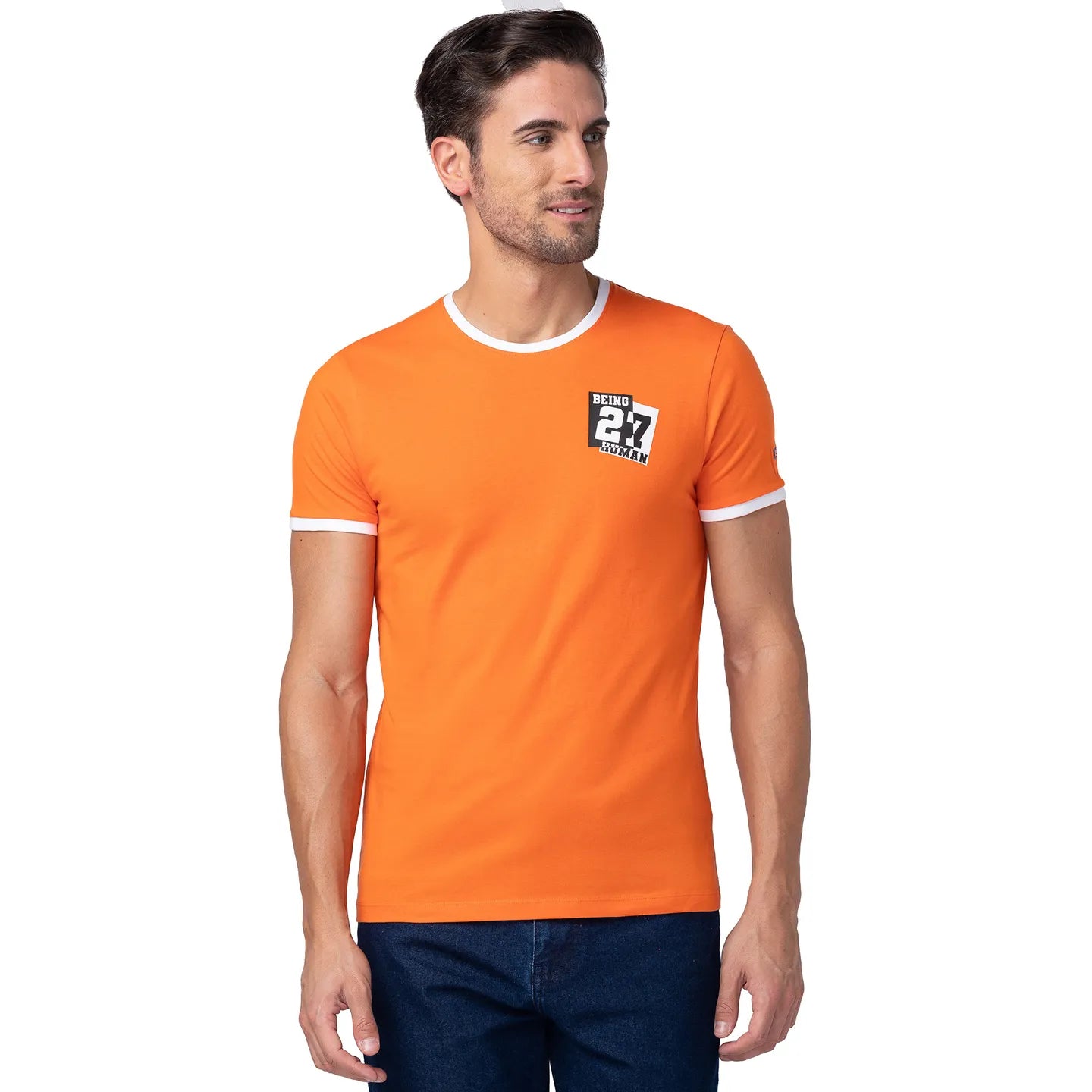 Red Orange Regular Fit Round Neck Men's T-Shirt by Being Human Clothing